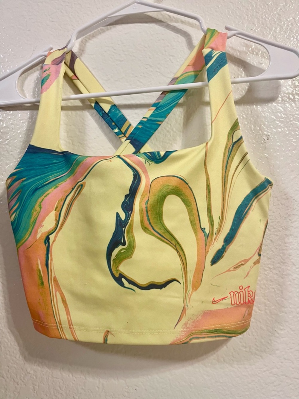 Nike Yellow Marble-Print Crossback Crop Top with Teal & Pink Accents